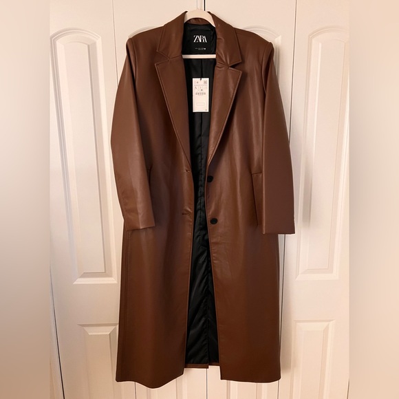 Zara Brown Faux Leather Long Coat NWT Size L | Quiet Luxury Trench Duster - Picture 4 of 5